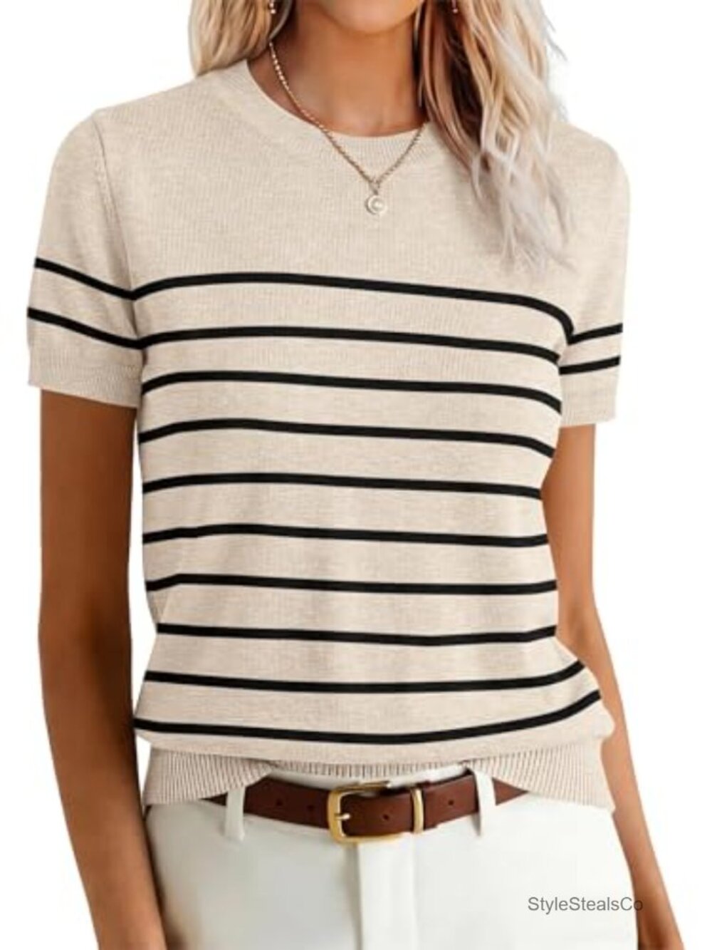 Women's Short Sleeve Wool Blend Knit Sweater Crew Neck Pullover